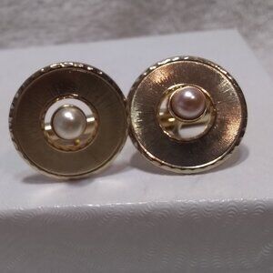 White Pearl Suspended In Gold Ring Cufflinks Men Great Vintage Condition